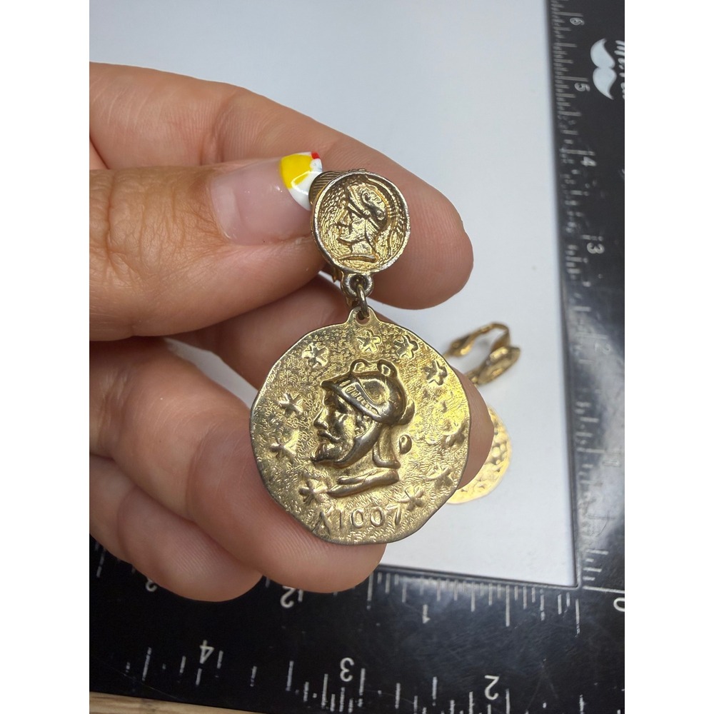 Vintage Gold Tone Roman Soldier Coin Medallion Clip On Dangle Earrings